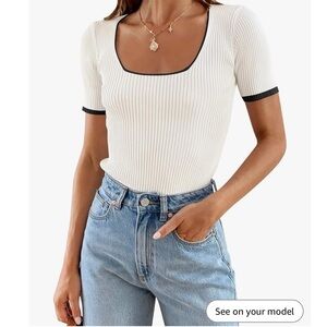 Women's Short Sleeve Square Neck White Black Color Block Ribbed Knit Tee Tops S